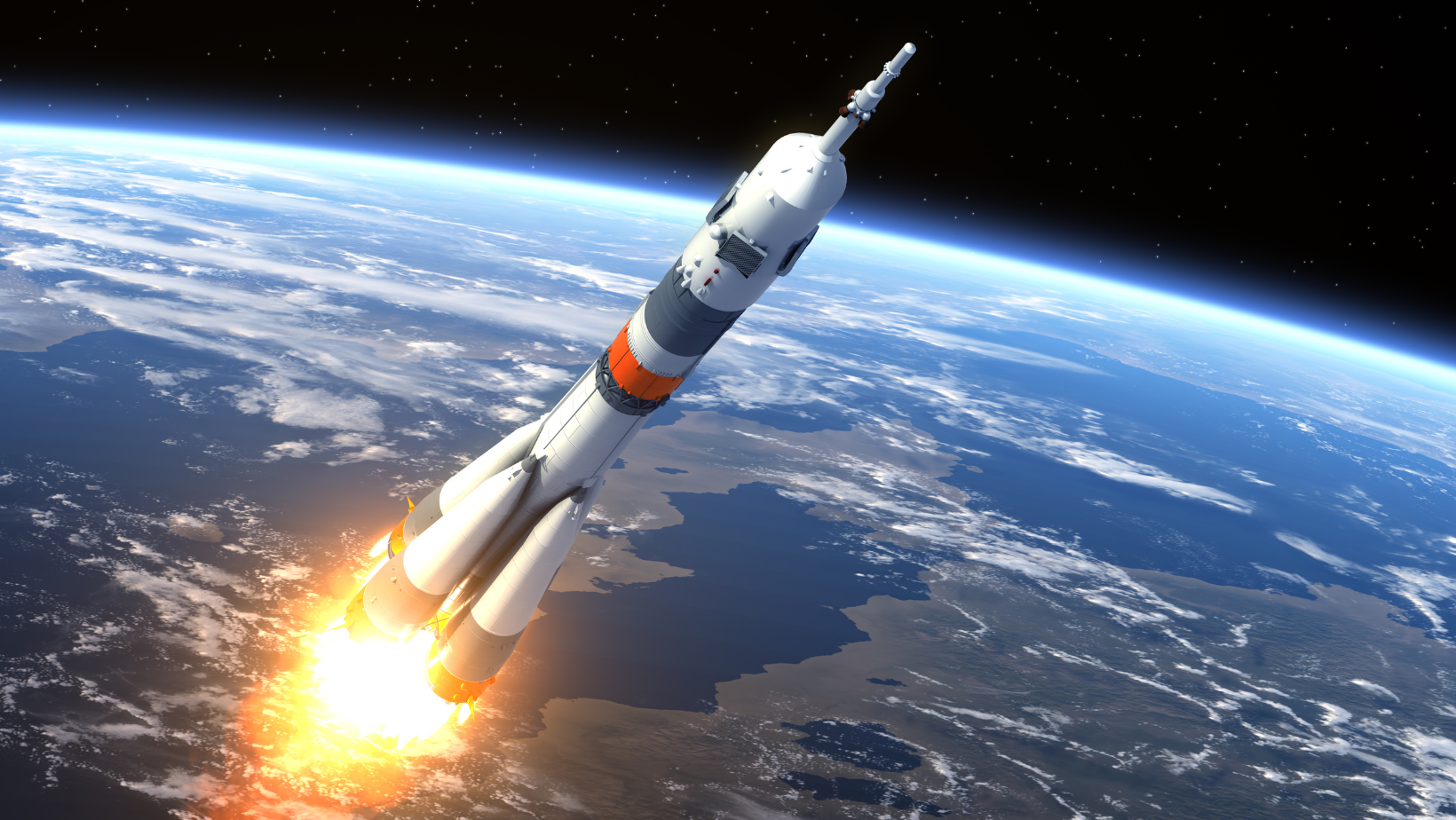Rocket is launched into outer space with the earth behind it.